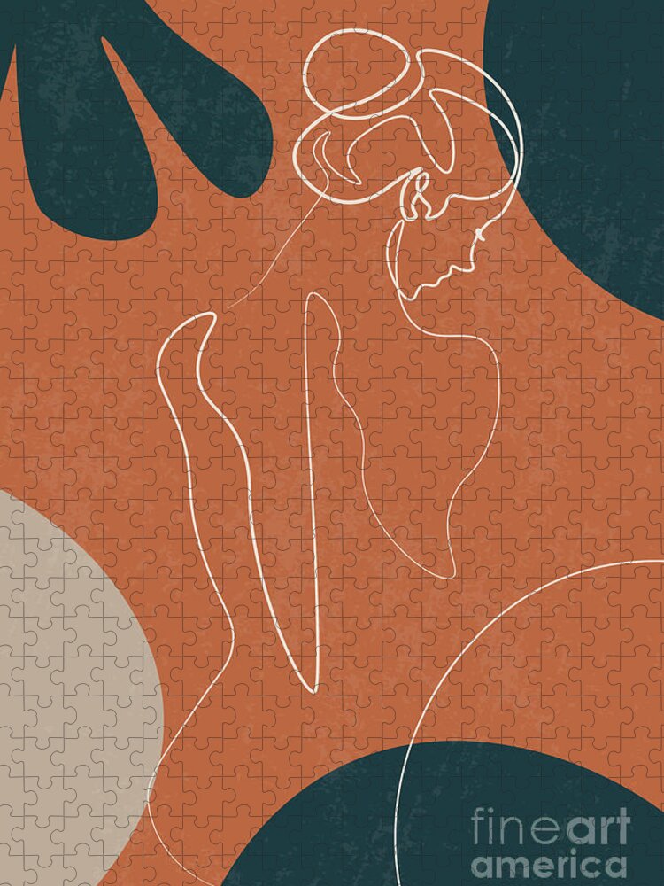Mid Century Jigsaw Puzzle featuring the drawing Female One Line Silhouette Abstract Woman's Body Shape Wall Decor Art Print Poster Modern Minimalist by Mounir Khalfouf