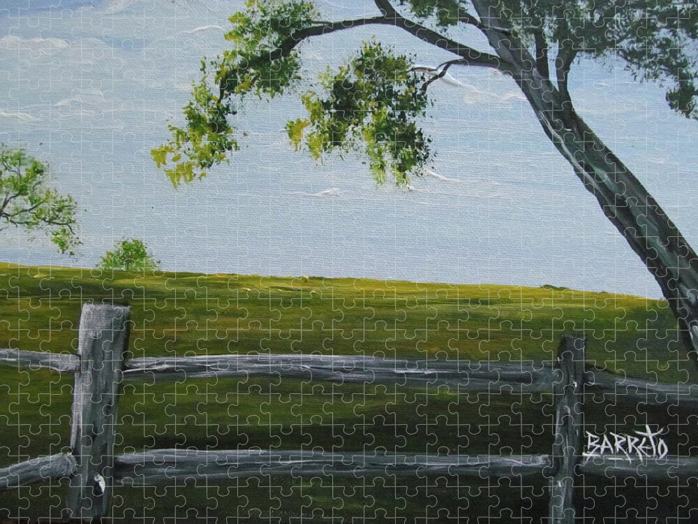 Fenced In Farm Jigsaw Puzzle featuring the painting Fenced In by Gloria E Barreto-Rodriguez