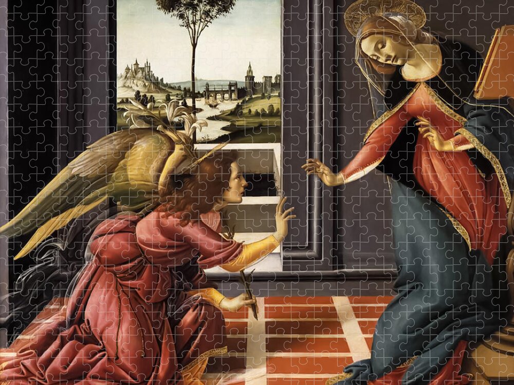 Sandro Botticelli Jigsaw Puzzle featuring the painting Annunciation by Sandro Botticelli by Mango Art