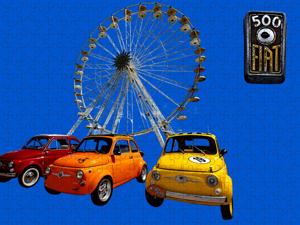 Fiat 500 Jigsaw Puzzle featuring the photograph Fiat 500 and big wheel by Worldwide Photography