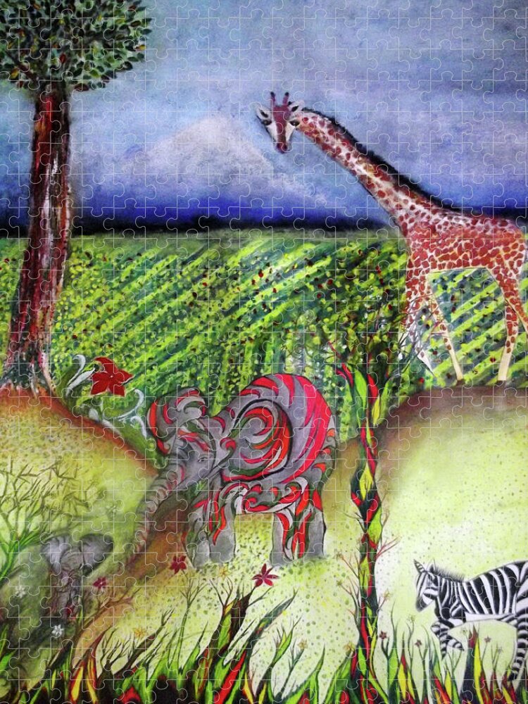 Animals Jigsaw Puzzle featuring the mixed media Field Of Animals by Melinda Firestone-White