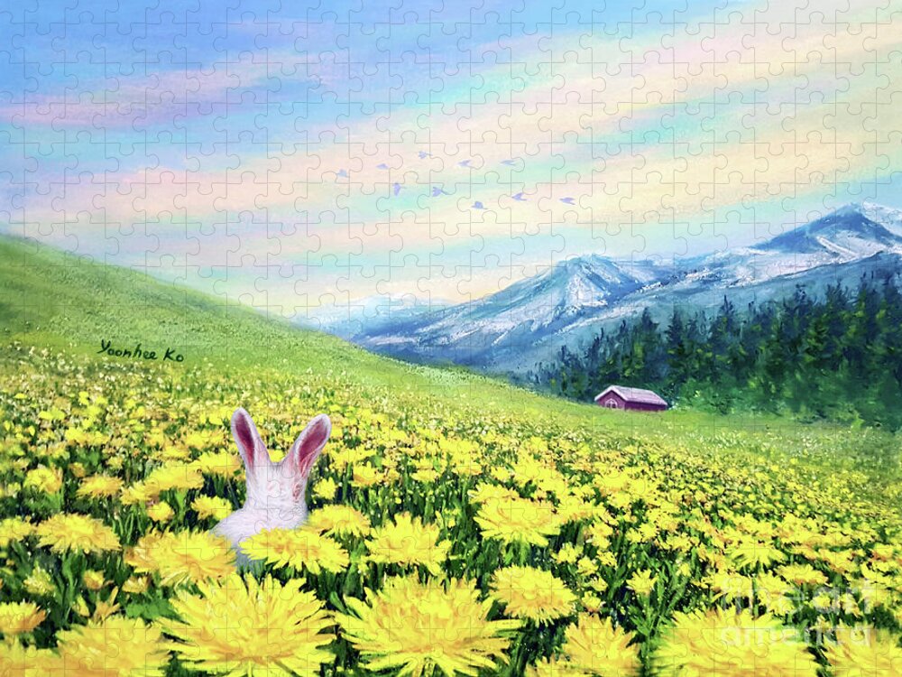 Dandelion Jigsaw Puzzle featuring the painting Field of Wishes  by Yoonhee Ko