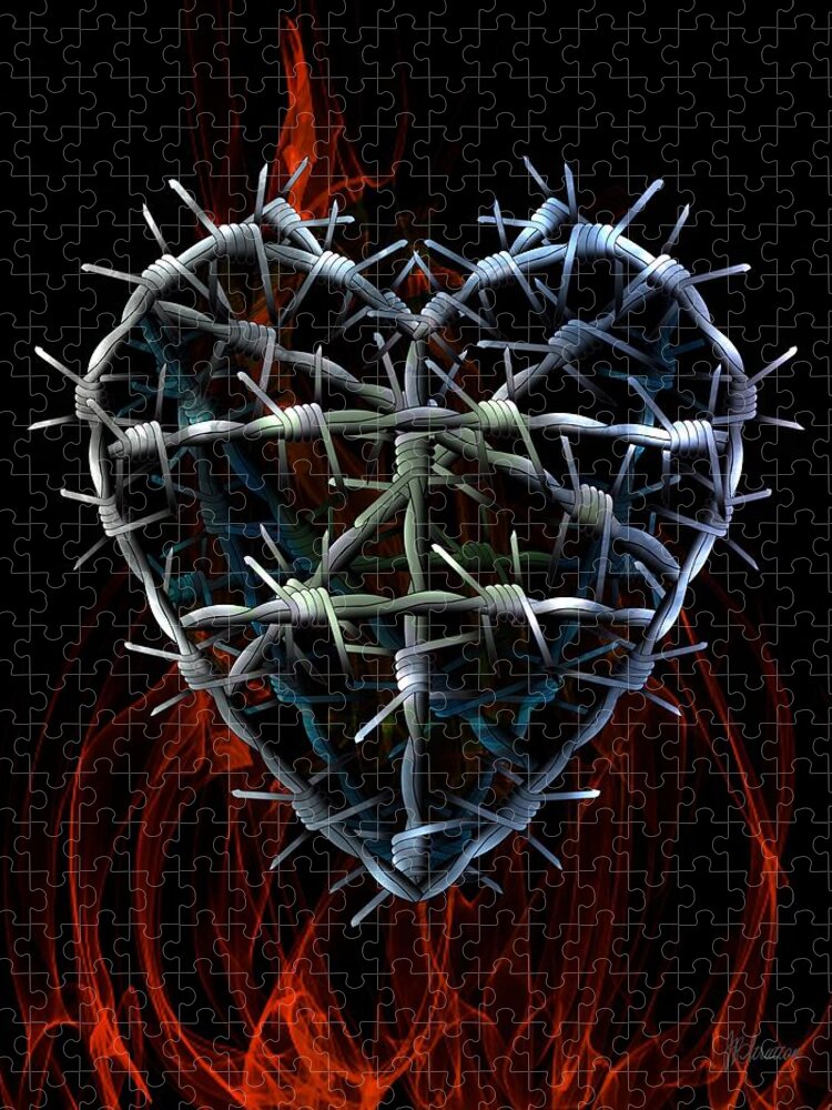 Heart Jigsaw Puzzle featuring the drawing Fiery Barbed Wire Heart by Joan Stratton