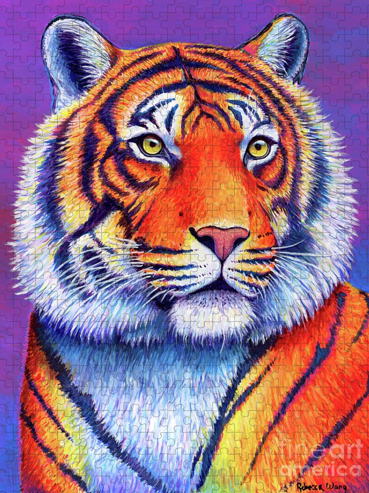 Tiger Jigsaw Puzzle featuring the painting Fiery Beauty - Colorful Bengal Tiger by Rebecca Wang