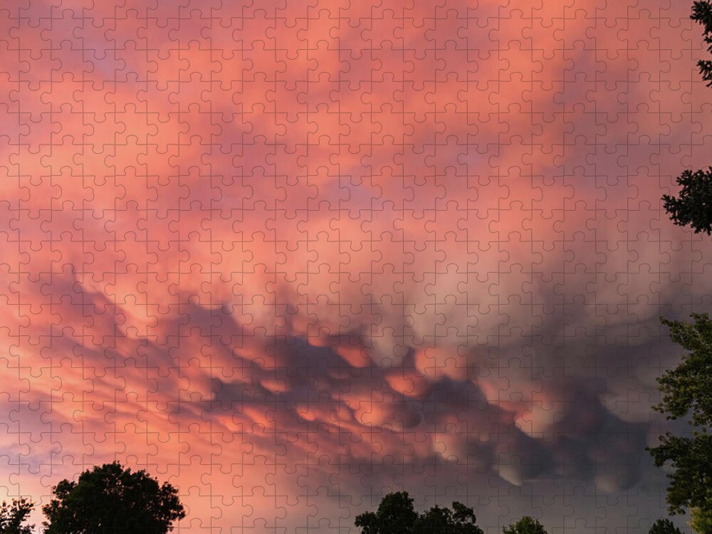 Olorful Sunset Wall Art Jigsaw Puzzle featuring the photograph Fiery Sunset and Menacing Mammatus Clouds by James BO Insogna
