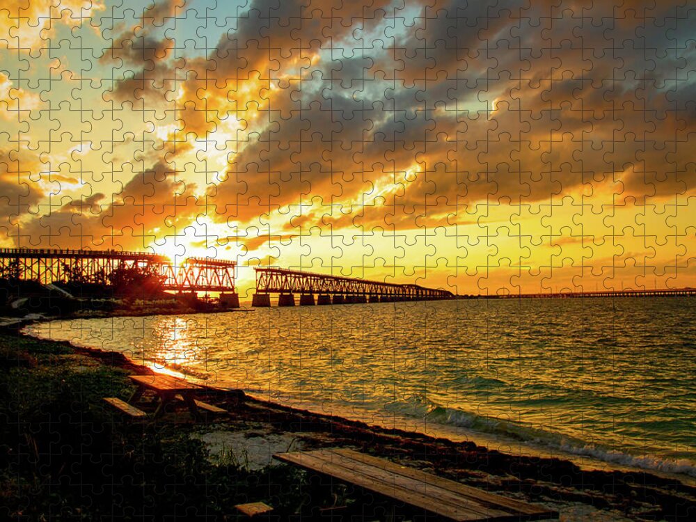 Abandoned Jigsaw Puzzle featuring the photograph Fiery Sunset At Bahia Honda Bridge by Kristia Adams