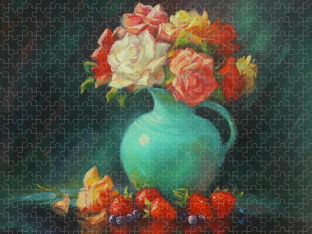 Fiesta Ware Pottery Jigsaw Puzzle featuring the painting Fiestaware Floral by Laurie Snow Hein