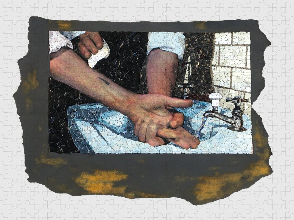 Glass Jigsaw Puzzle featuring the mixed media Fig. 5 Washing a small cut. by Matthew Lazure