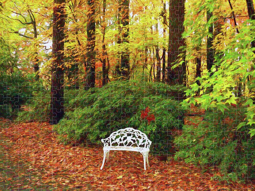 Bench Jigsaw Puzzle featuring the photograph Find Your Peace in Autumn on a Bench by Ola Allen