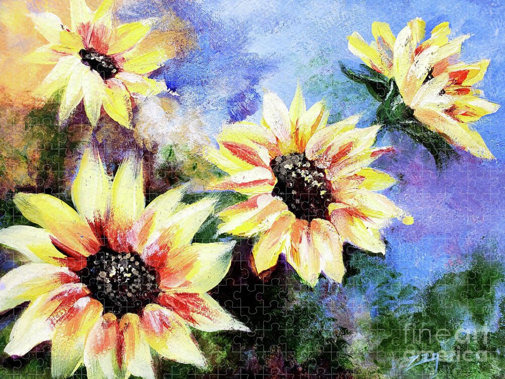 Helianthus Annuus Jigsaw Puzzle featuring the painting Finding the Sun Flowers by Zan Savage