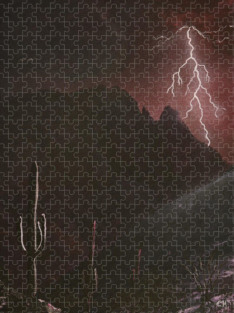 Lightning Jigsaw Puzzle featuring the painting Finger Rock Canyon Lightning Storm, Tucson by Chance Kafka