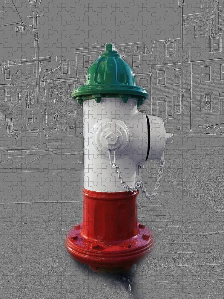 Italy Jigsaw Puzzle featuring the photograph Fire Hydrant in Little Italy Baltimore Maryland - Emboss and colors series by Marianna Mills