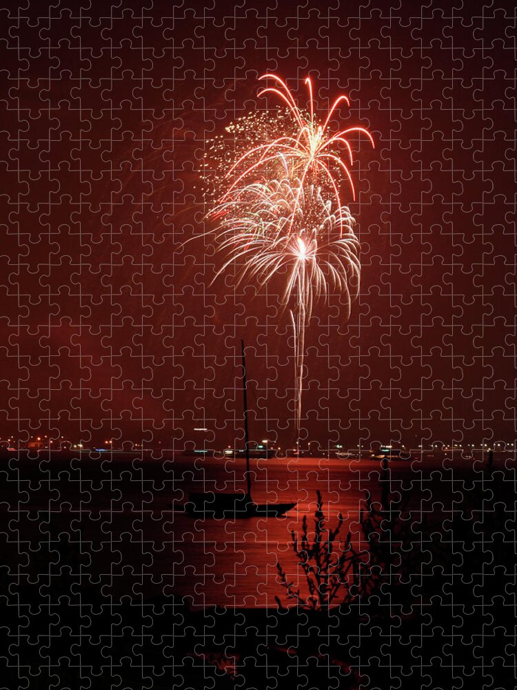 Fireworks Jigsaw Puzzle featuring the photograph Fireworks over the Bay by Jim Feldman