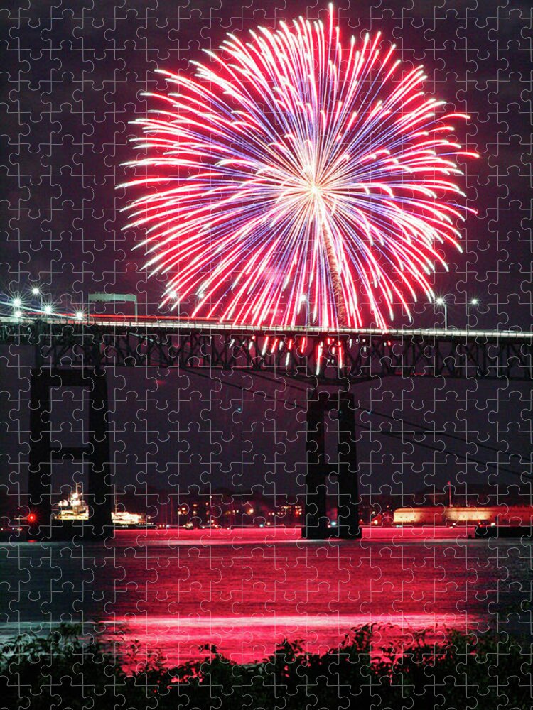 Fireworks Jigsaw Puzzle featuring the photograph Fireworks over the Newport Bridge by Jim Feldman