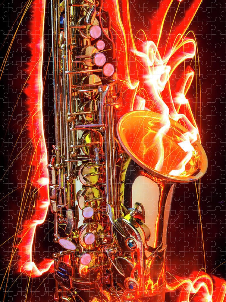Saxophone Jigsaw Puzzle featuring the photograph Firey Saxophone by Garry Gay