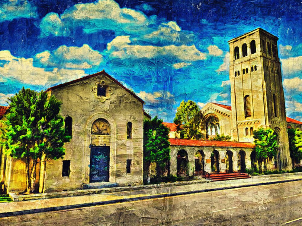 First Baptist Church Jigsaw Puzzle featuring the digital art First Baptist Church in Bakersfield, California - impasto oil painting by Nicko Prints