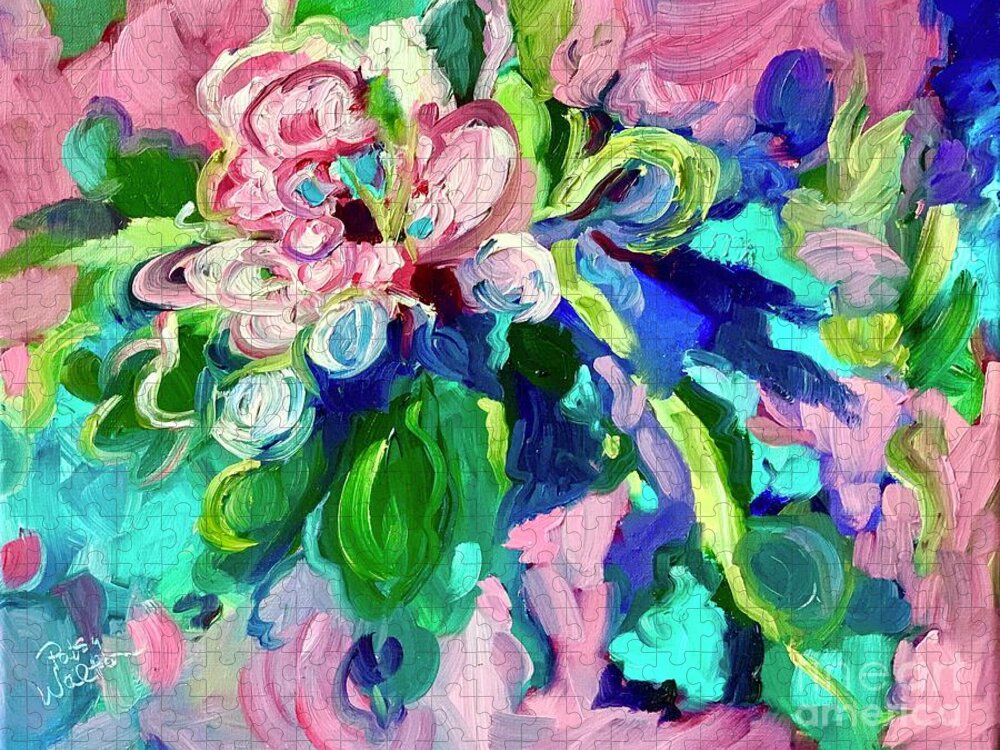 Abstract Floral Pink Blue Flowers Aqua Jigsaw Puzzle featuring the painting First Bloom by Patsy Walton