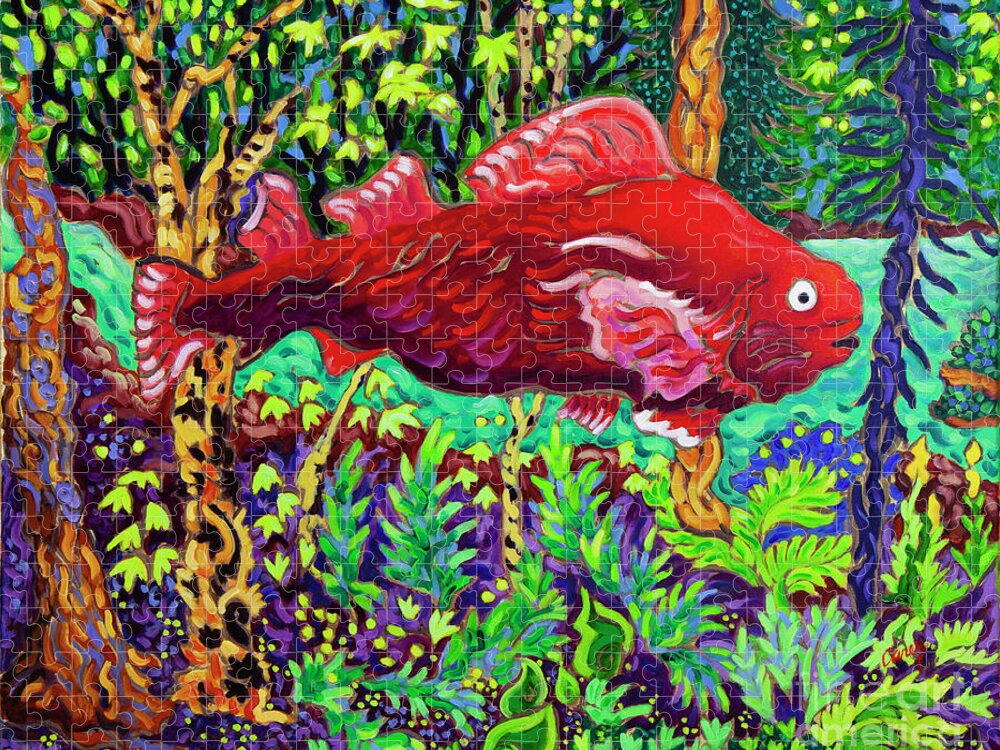 Salmon Jigsaw Puzzle featuring the painting Fish in a Forest by Cathy Carey
