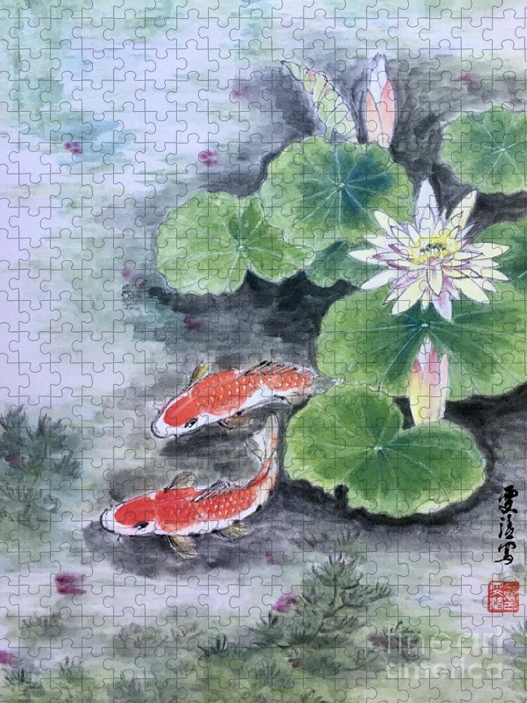 Lake Jigsaw Puzzle featuring the painting Fishes Joy by Carmen Lam