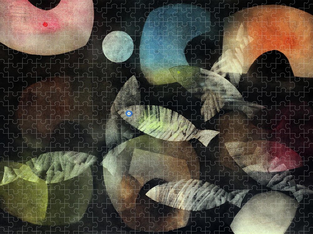 Abstract Jigsaw Puzzle featuring the painting Fish Moon by Winston Saoli 1950-1995