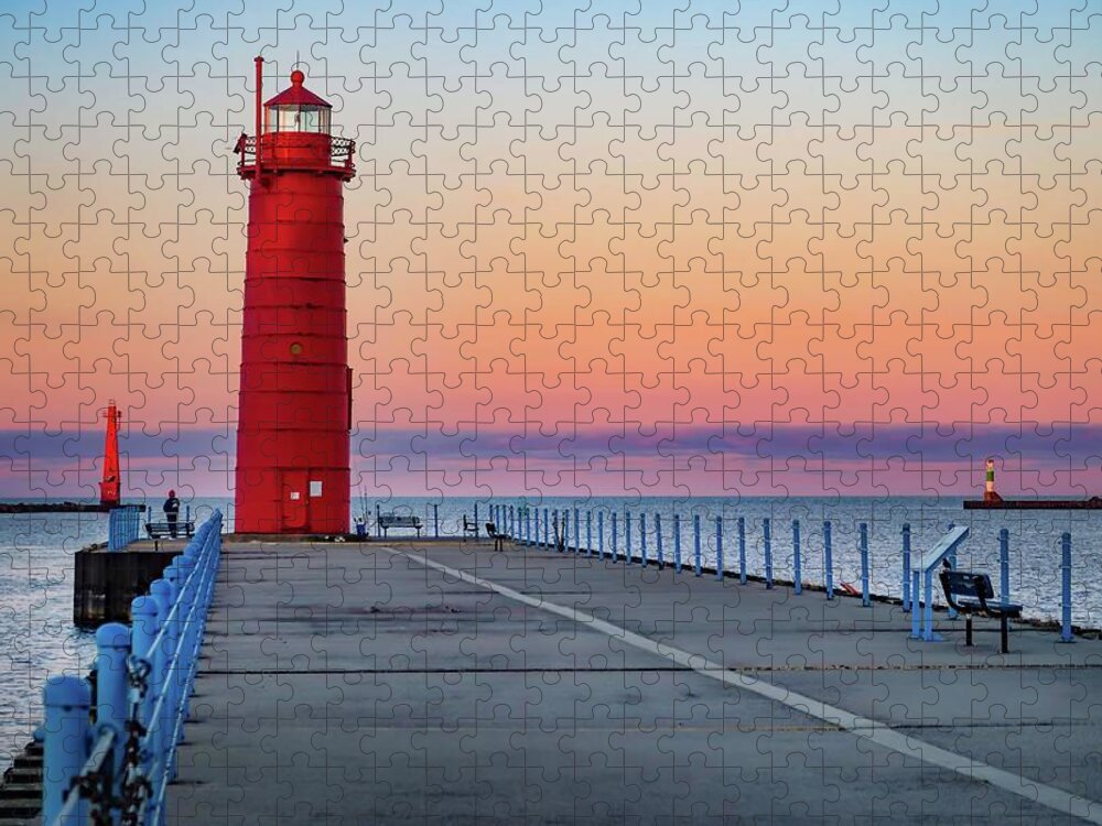 Tahquamenon Falls Jigsaw Puzzle featuring the photograph Fishing on the Muskegon Pier at Sunrise IMG_5997 by Michael Thomas