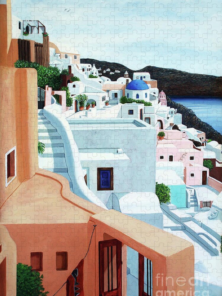 Santorini Jigsaw Puzzle featuring the painting Five Crosses On Santorini by Mary Grden