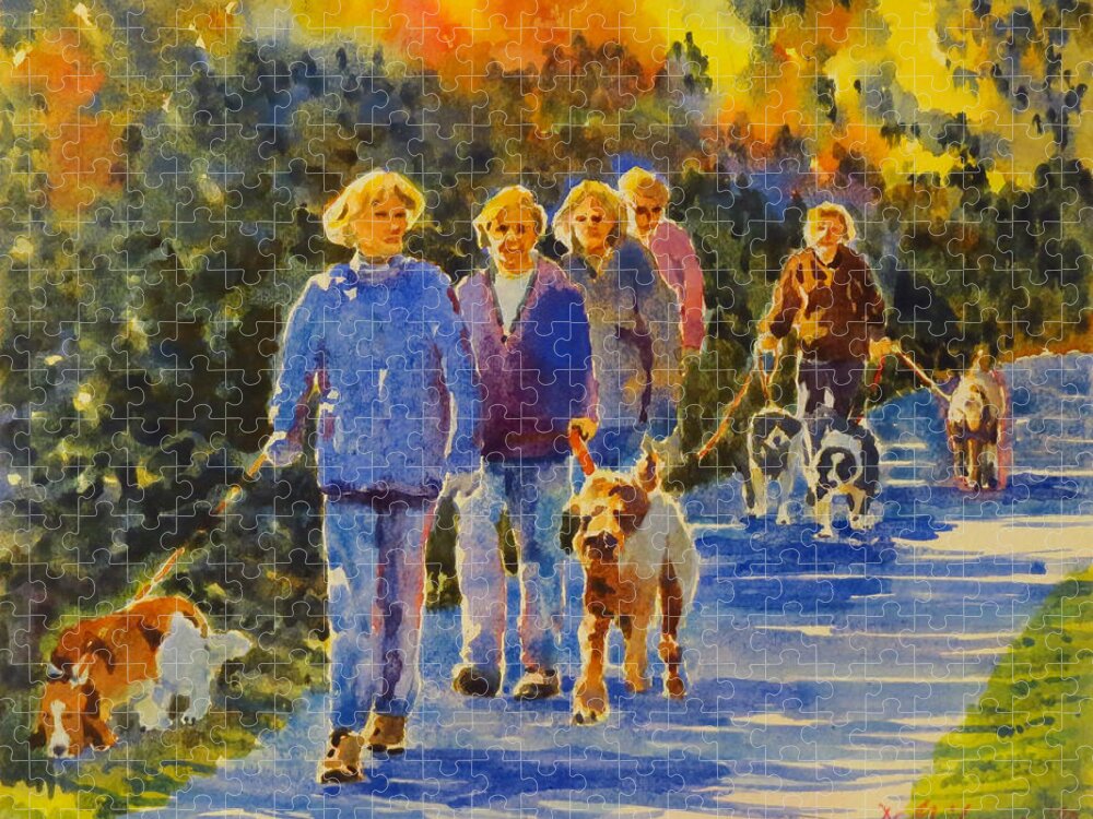 Fall Jigsaw Puzzle featuring the painting Five Dog Walkers by David Gilmore