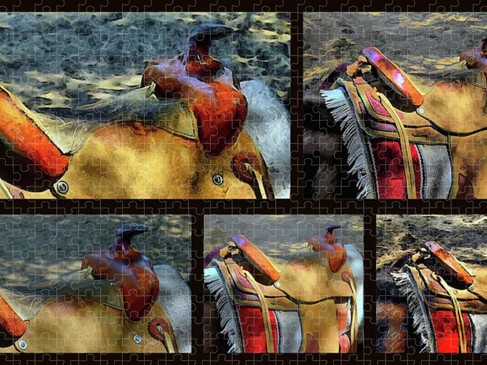 A Real Working Saddle Abstract Jigsaw Puzzle featuring the photograph Five Saddle Montage by Floyd Snyder