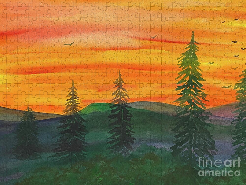 Tress Jigsaw Puzzle featuring the painting Five Tree Sunset by Lisa Neuman