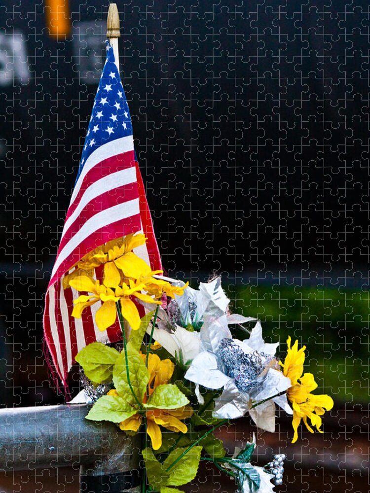 American Flag Jigsaw Puzzle featuring the photograph Flag, Flowers, and Freight Train by Steve Ember