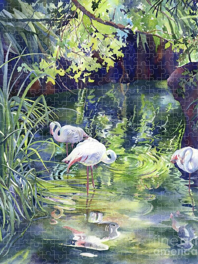 Flamingos Jigsaw Puzzle featuring the painting Flamingo Foliage by Lorraine Watry