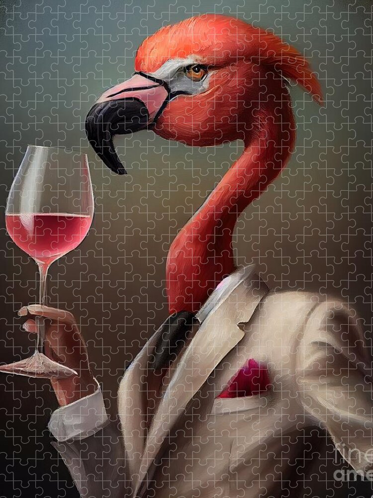 Africa Jigsaw Puzzle featuring the painting Flamingo In Suit Having Drink by N Akkash