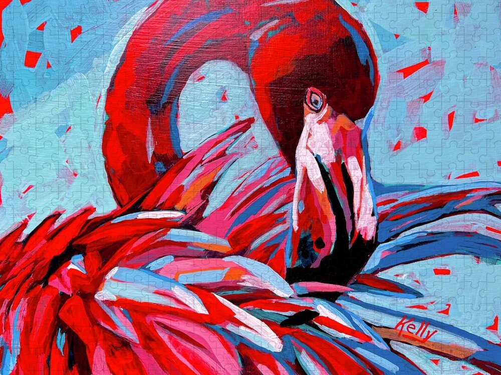 Flamingo Jigsaw Puzzle featuring the painting Lady in Red by Kelly Smith