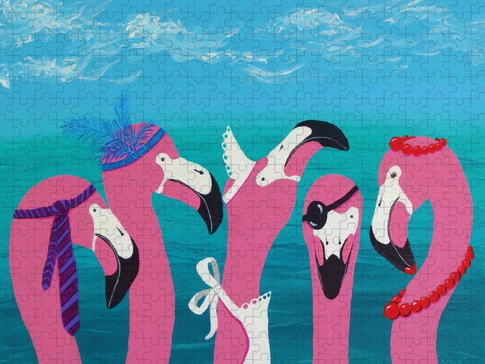 Flamingo Jigsaw Puzzle featuring the painting Flamingo Party by Katherine Young-Beck