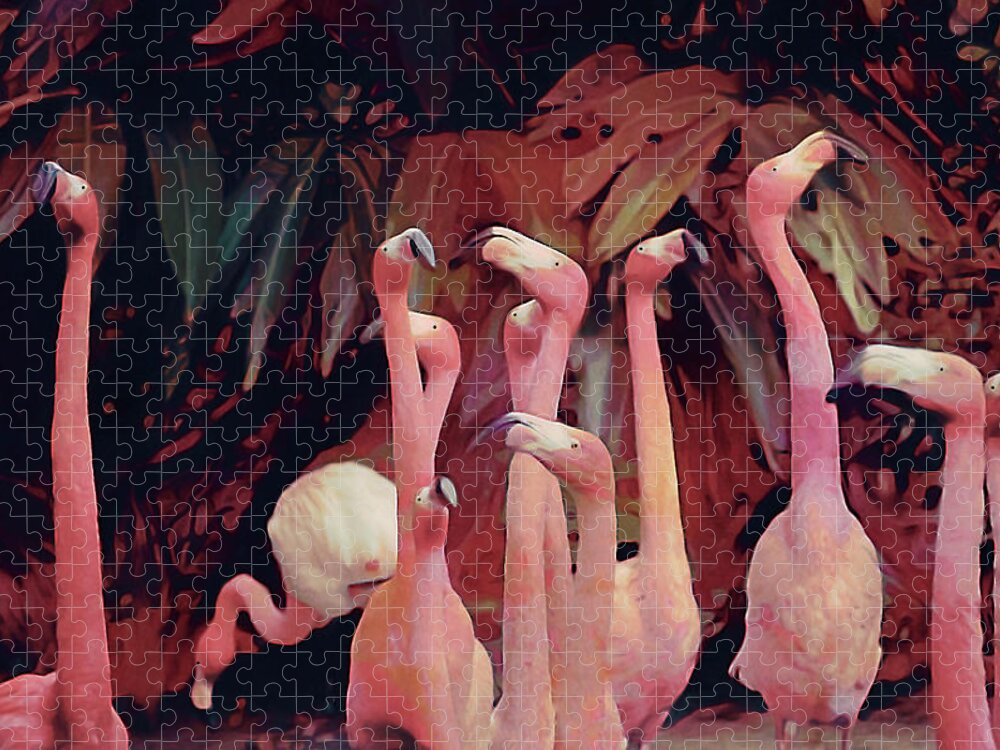 Flamingo Shindig Jigsaw Puzzle featuring the mixed media Flamingo Shindig by Susan Maxwell Schmidt