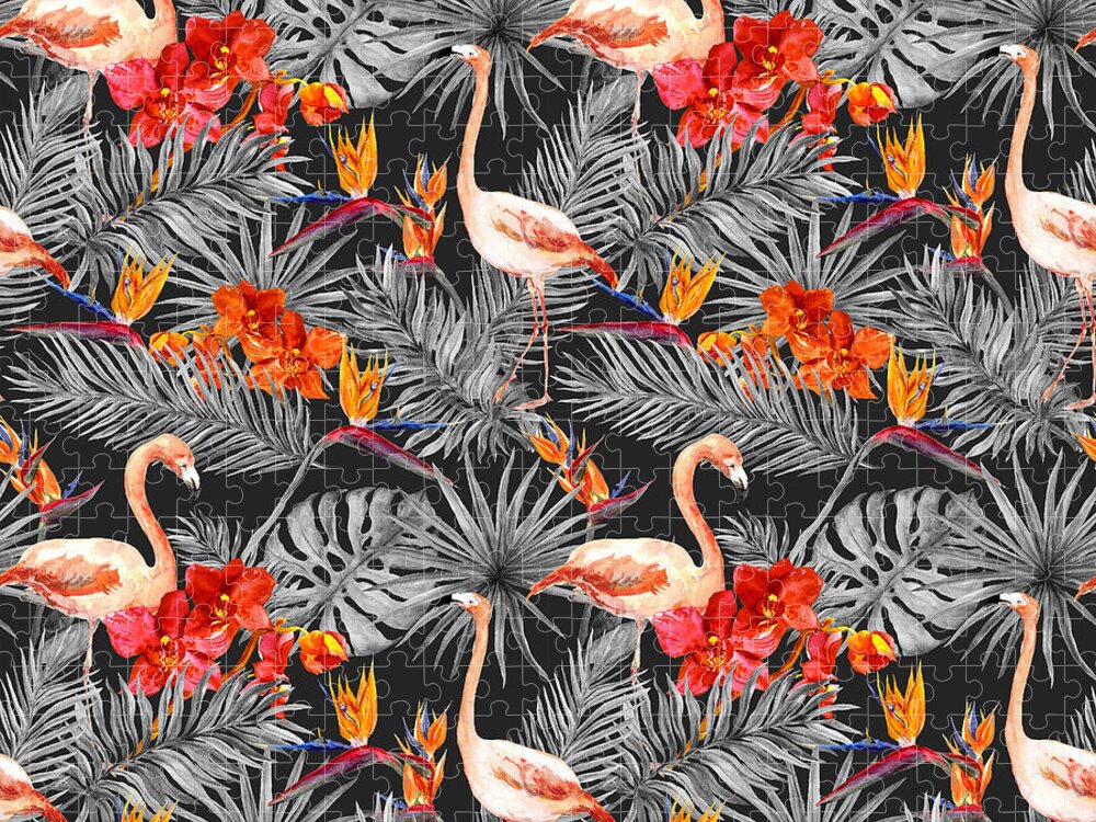 Flamingo Jigsaw Puzzle featuring the drawing Flamingo, tropical leaves and exotic flowers. Seamless pattern at monochrome black background. Watercolor by Julien