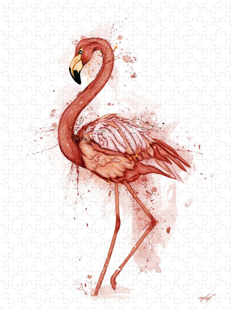 Flamingo Jigsaw Puzzle featuring the painting Flamingo watercolor on white background, Flamingo by Nadia CHEVREL