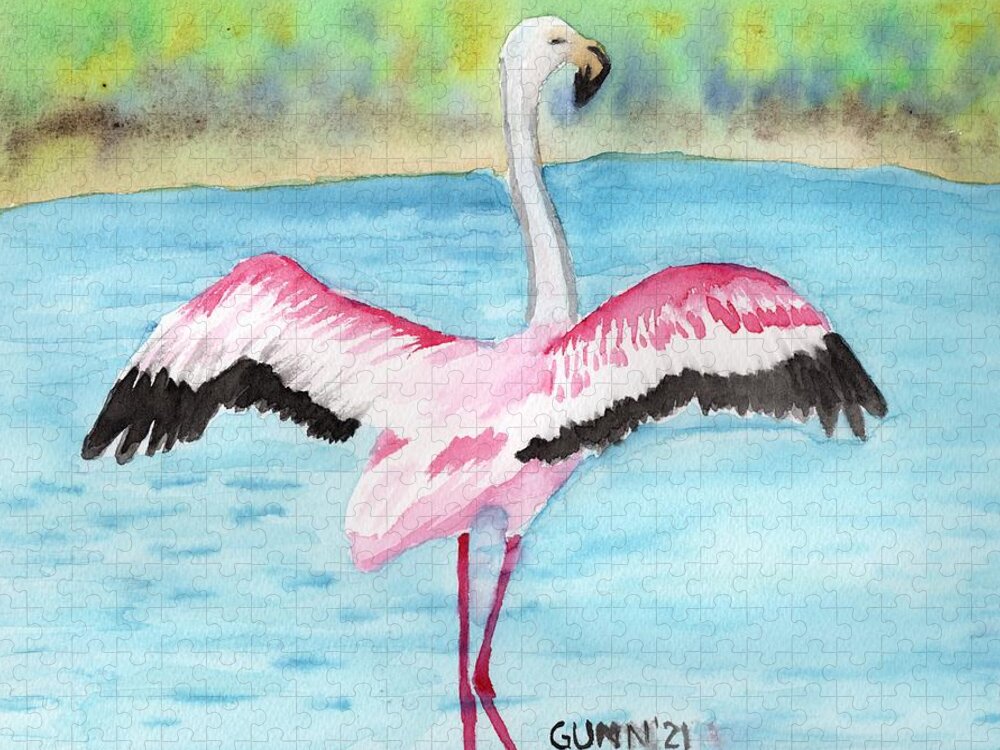 Flamingo Jigsaw Puzzle featuring the painting Flapping Flamingo by Katrina Gunn