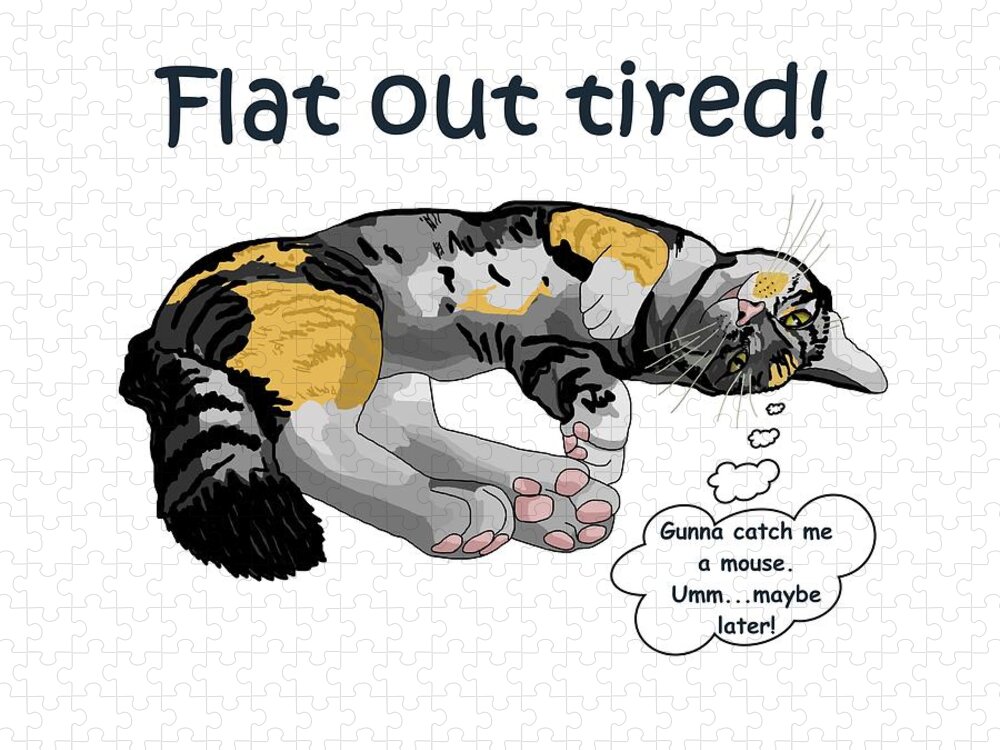 Cat Jigsaw Puzzle featuring the drawing Flat out tired by Joan Stratton