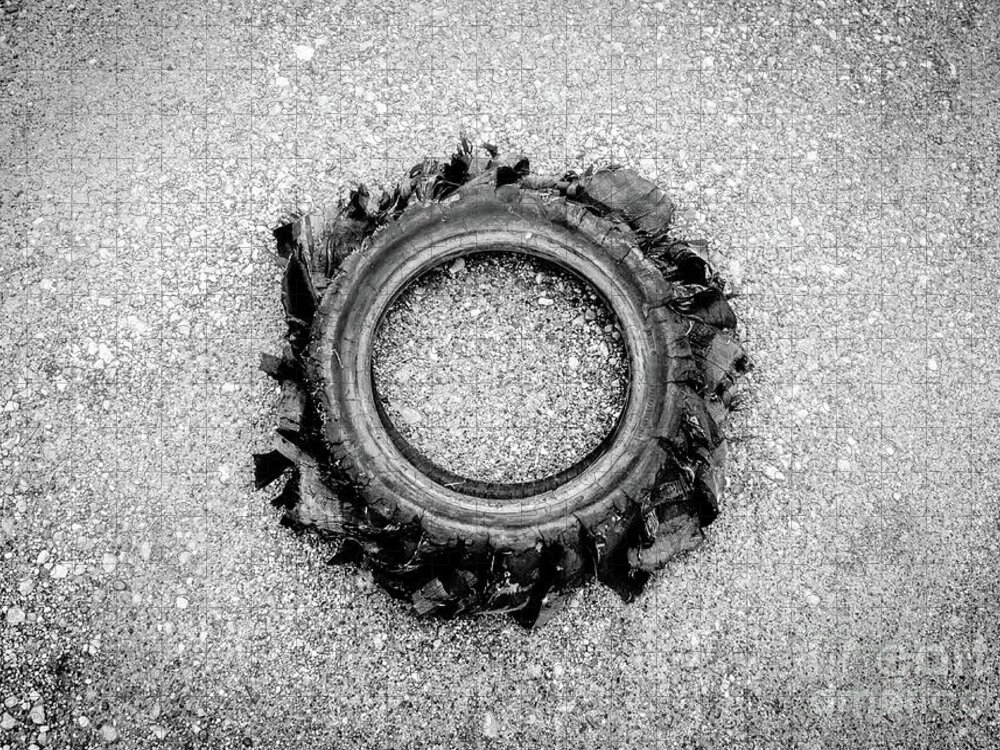 Blown Jigsaw Puzzle featuring the photograph Flat Tire BW by Troy Stapek