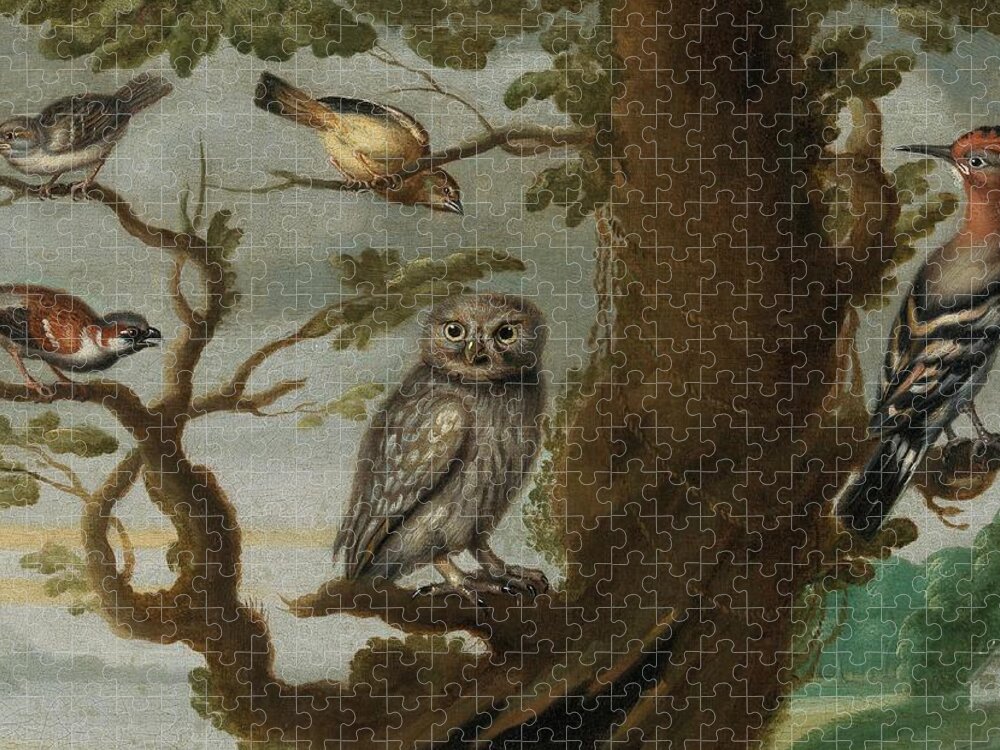 Travel Jigsaw Puzzle featuring the painting Flemish School Century An owl and a hoopoe and other birds in a tree by MotionAge Designs
