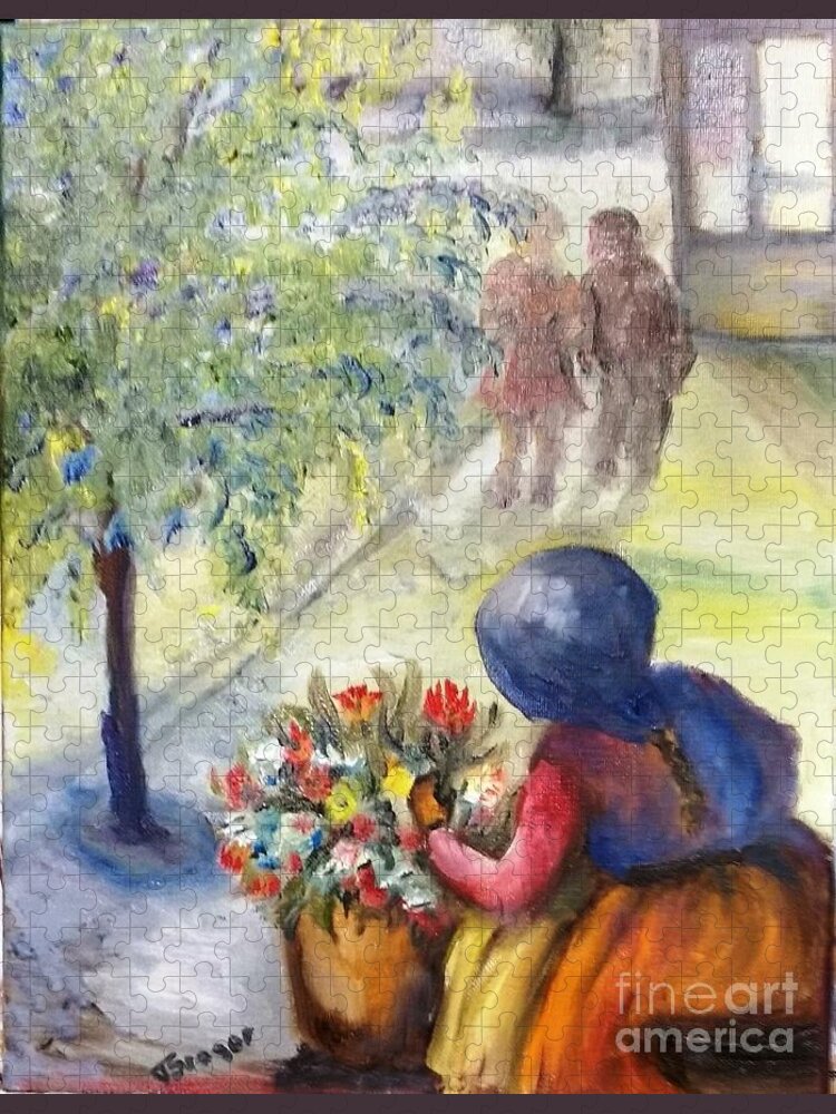 Flower Jigsaw Puzzle featuring the painting Bucarest Street Florist They went by by Tatiana Sragar