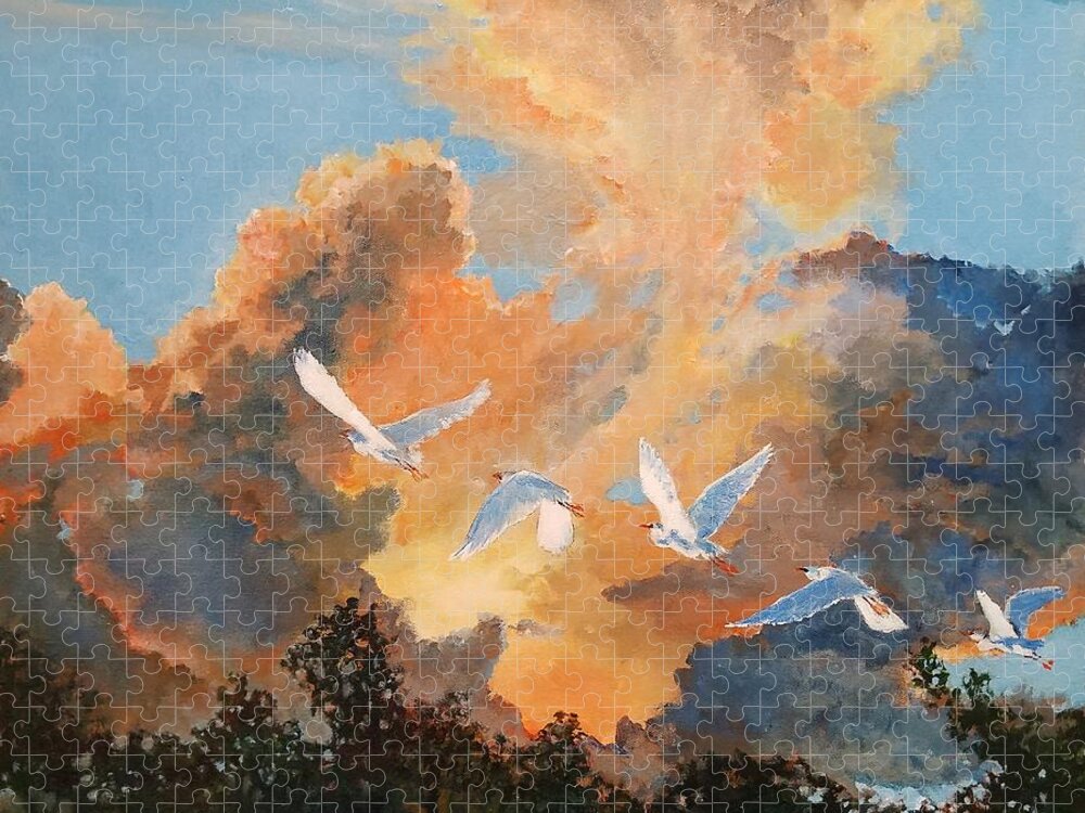 Egrets Jigsaw Puzzle featuring the painting Flight before the storm by Merana Cadorette
