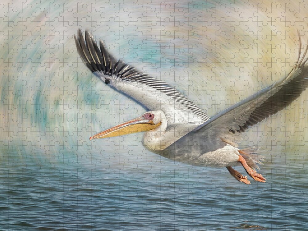 Great White Pelican Jigsaw Puzzle featuring the photograph Flight of a Great White Pelican by Belinda Greb