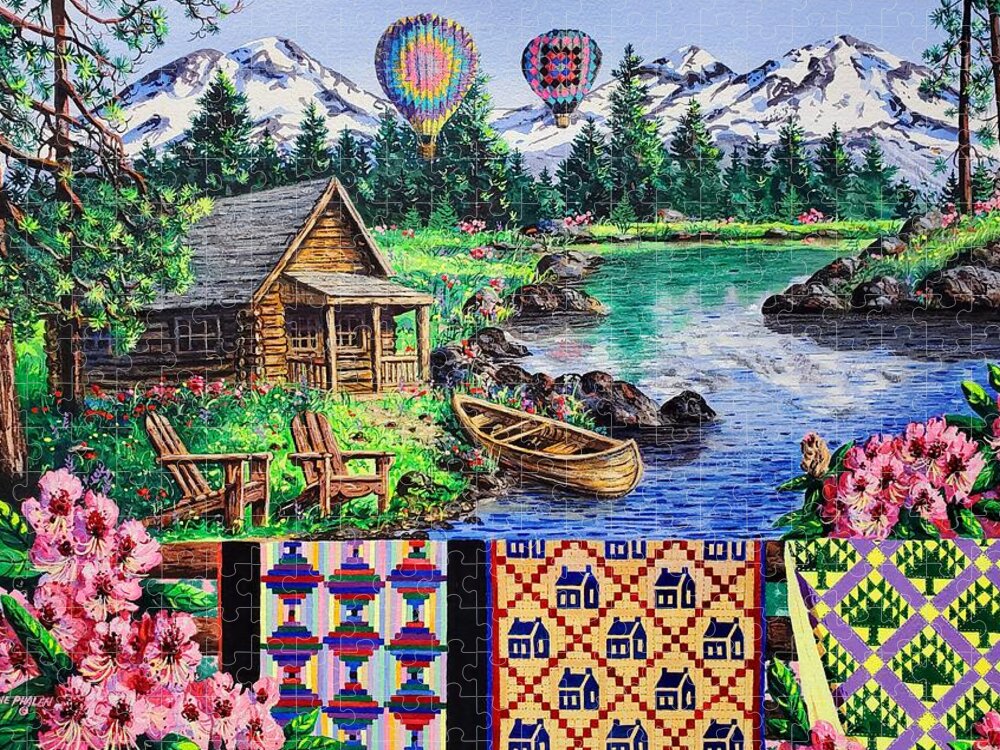 Quilts Jigsaw Puzzle featuring the painting Floating Over Sisters by Diane Phalen