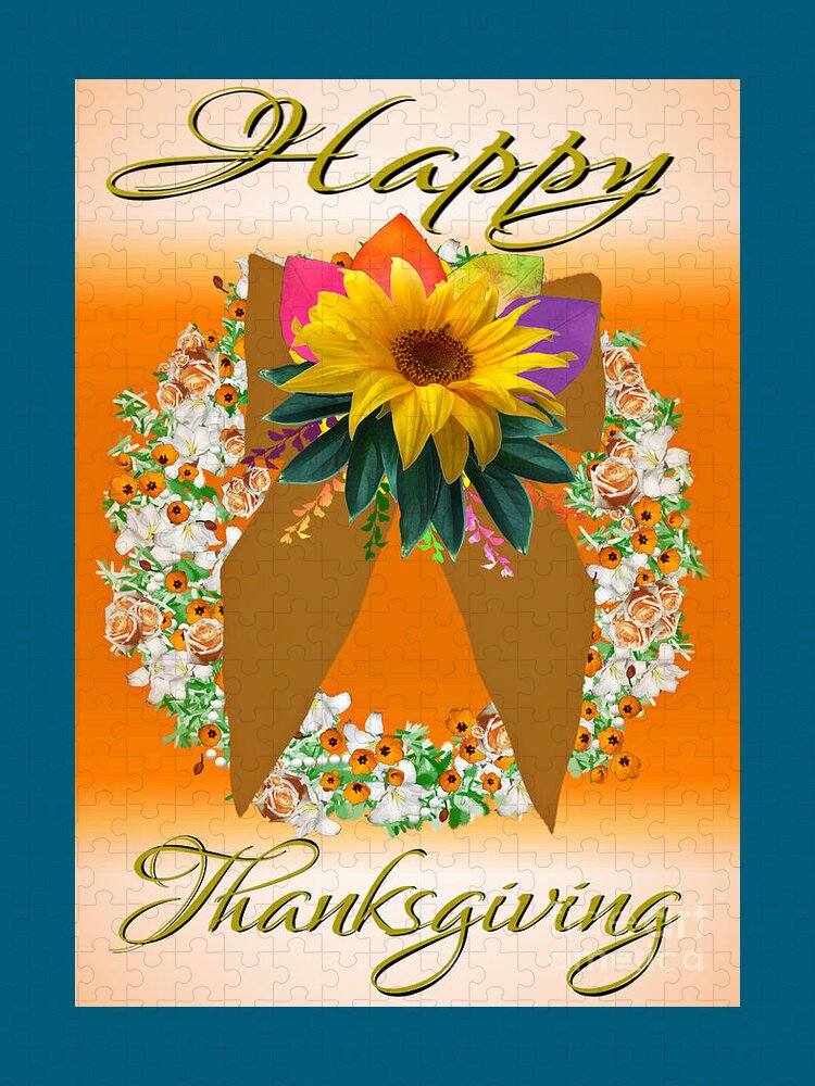 Happy Jigsaw Puzzle featuring the digital art Floral Wreath Happy Thanksgiving Card by Delynn Addams