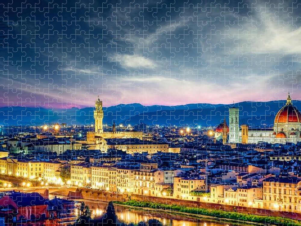 Florence Jigsaw Puzzle featuring the photograph Florence - Sunrise view of Duomo and Giotto's bell tower, Santa croce and palazzo signoria by Stefano Senise