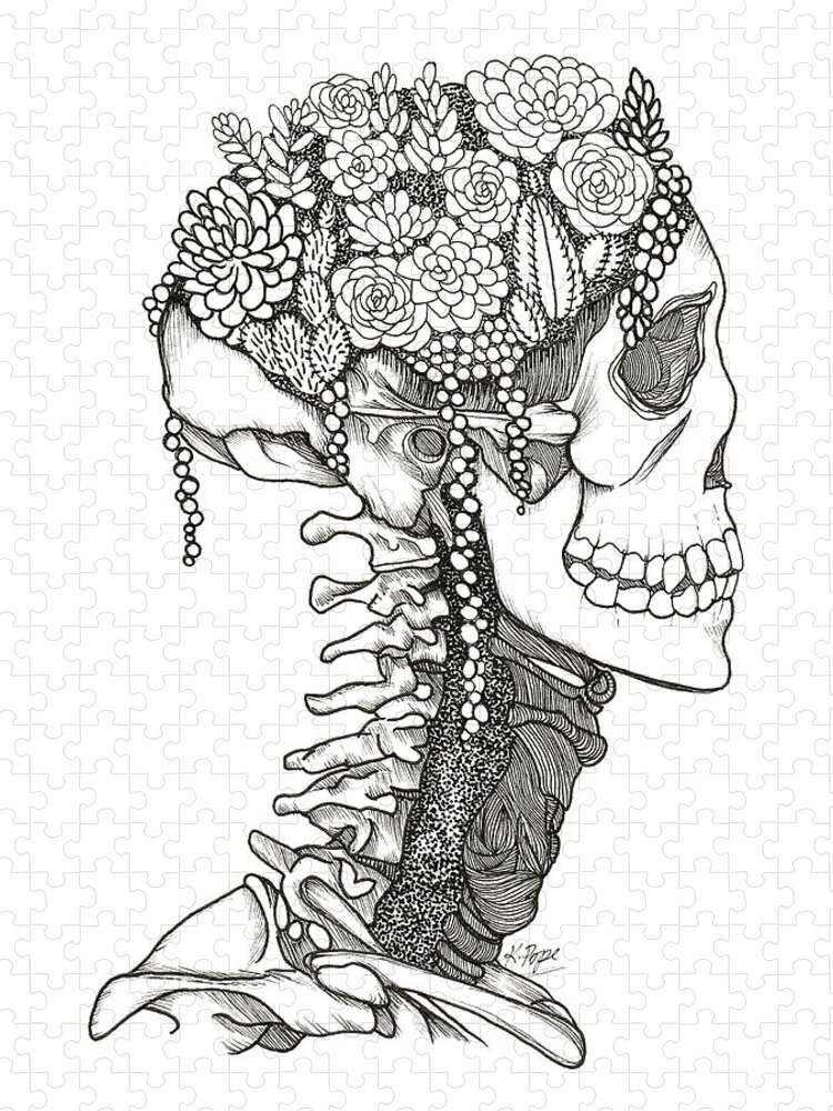 Skull Jigsaw Puzzle featuring the drawing Flourishing Mind Botanical Skull by Kathy Pope