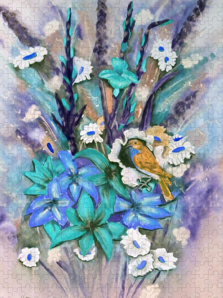 Flowers Jigsaw Puzzle featuring the mixed media Flower Bouquet n' Bird by Kelly Mills