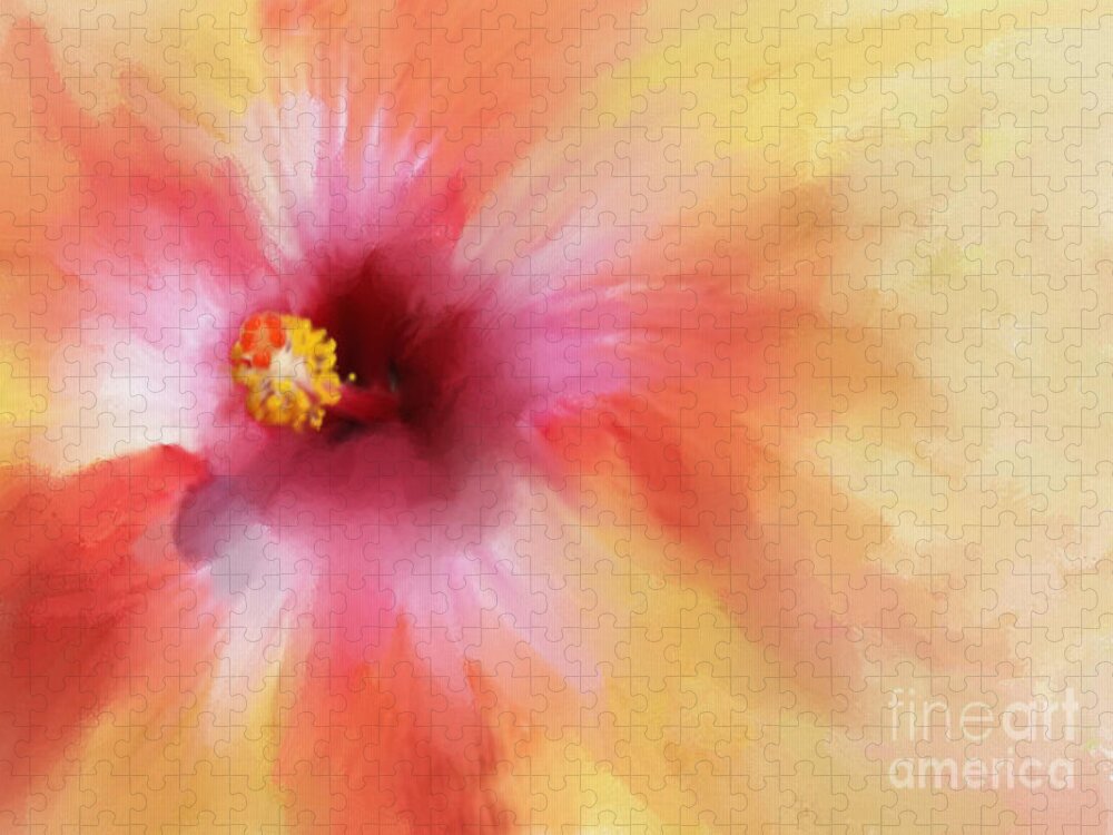 Hibiscus Jigsaw Puzzle featuring the mixed media Flower by Kathy Strauss